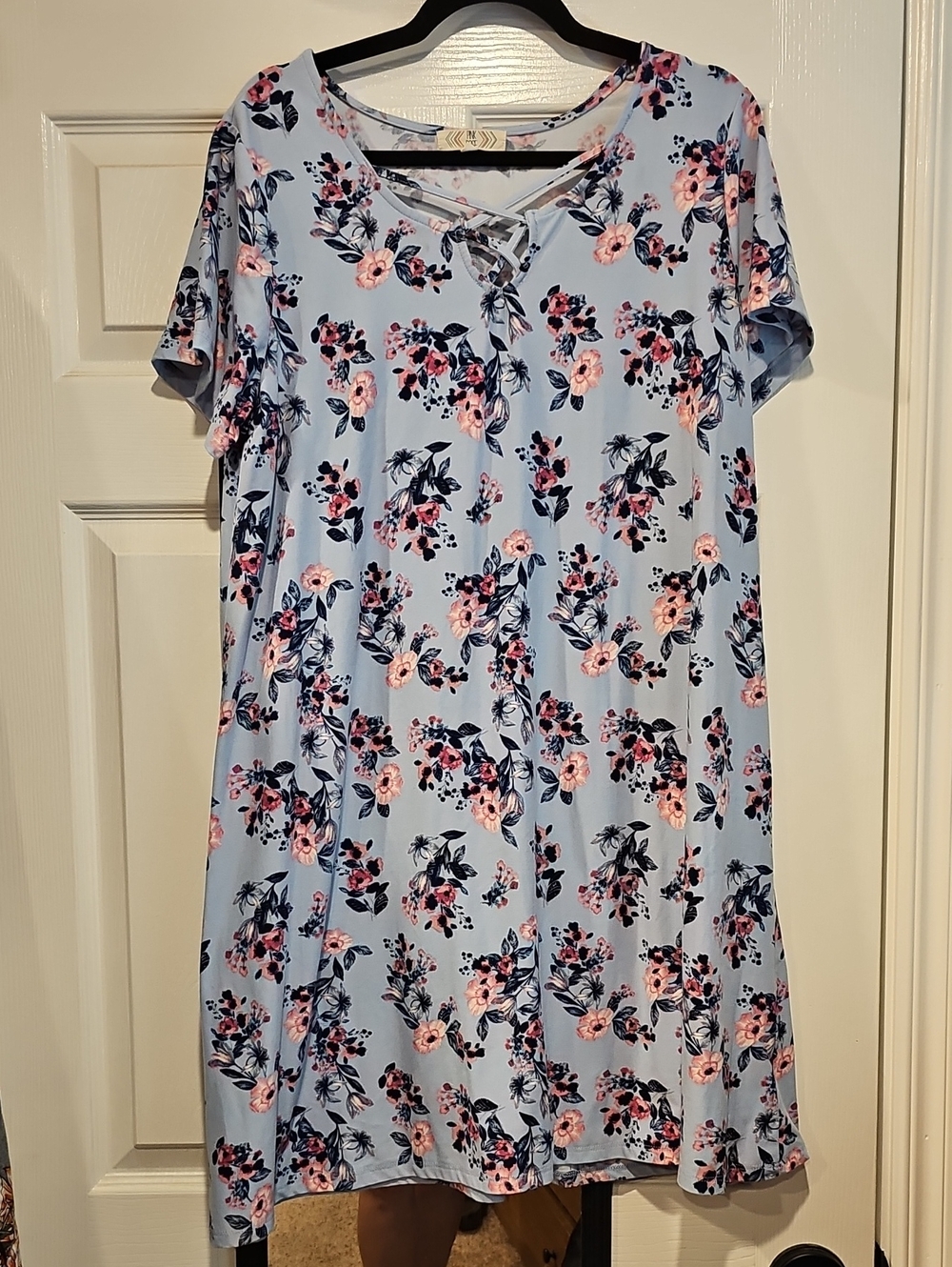 Pink Rose Light Blue Floral Crisscross Mini Dress with Pink Blossoms